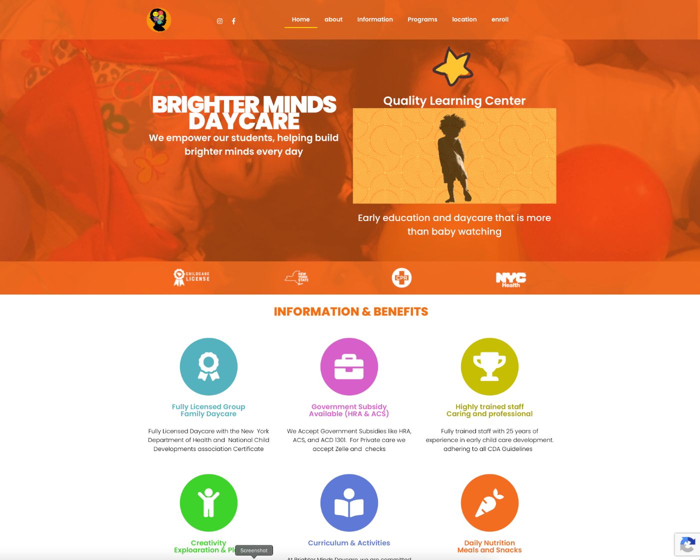 Brighter Minds Daycare website design for local childcare business